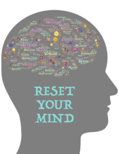 silueta de cabeza pensando texto- reset your mind. Representación gráfica del Mindfulness